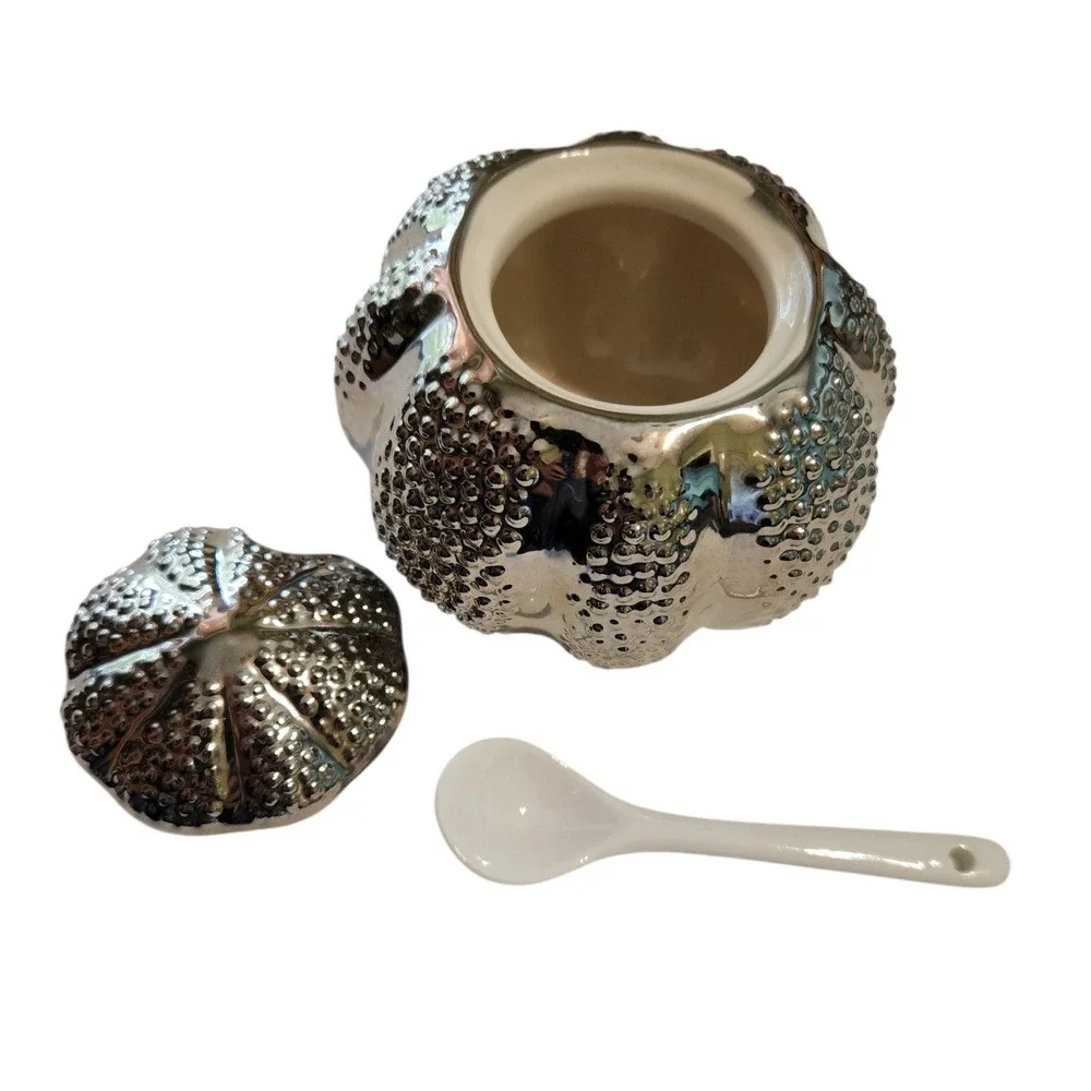 Williams Sonoma Silver Ceramic Sea‎ Urchin Sugar Bowl with Lid and Spoon Coastal